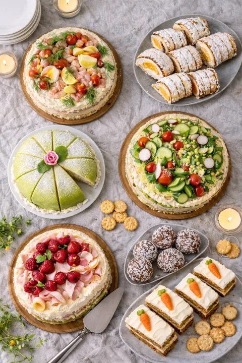 En smörgåstårtbuffé och bakverk